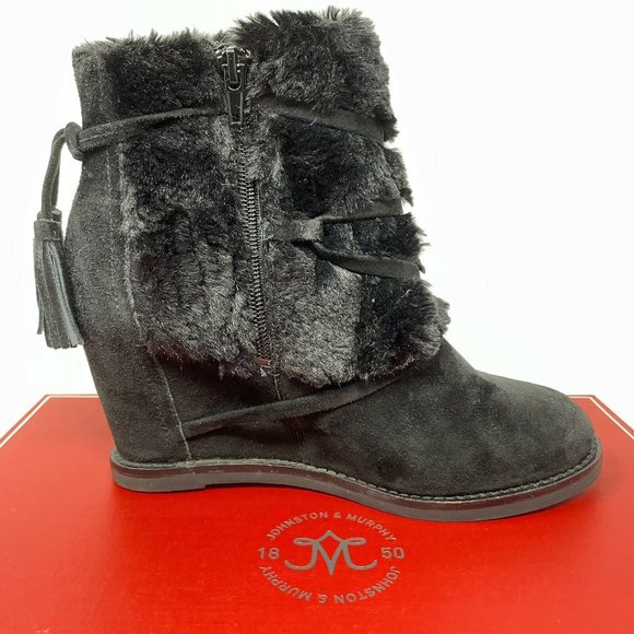 Johnston & Murphy Womens 6 Suede & Faux Fur Cuff Ankle Mid Boots Booties Black - Picture 2 of 10